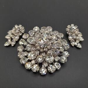 Clear Rhinestone Round Brooch Clip Earrings Set, Wedding Holiday Jewelry Vintage